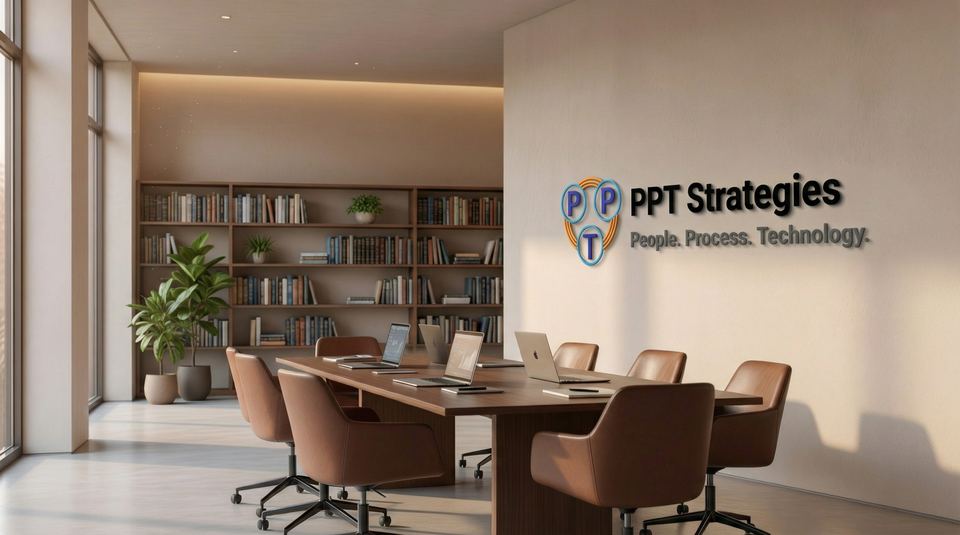 A conference room with the PPT Strategies logo and tagline on the wall